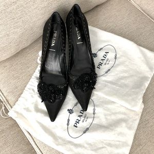 Prada black leather pumps with beaded trim 2.5 inch heel